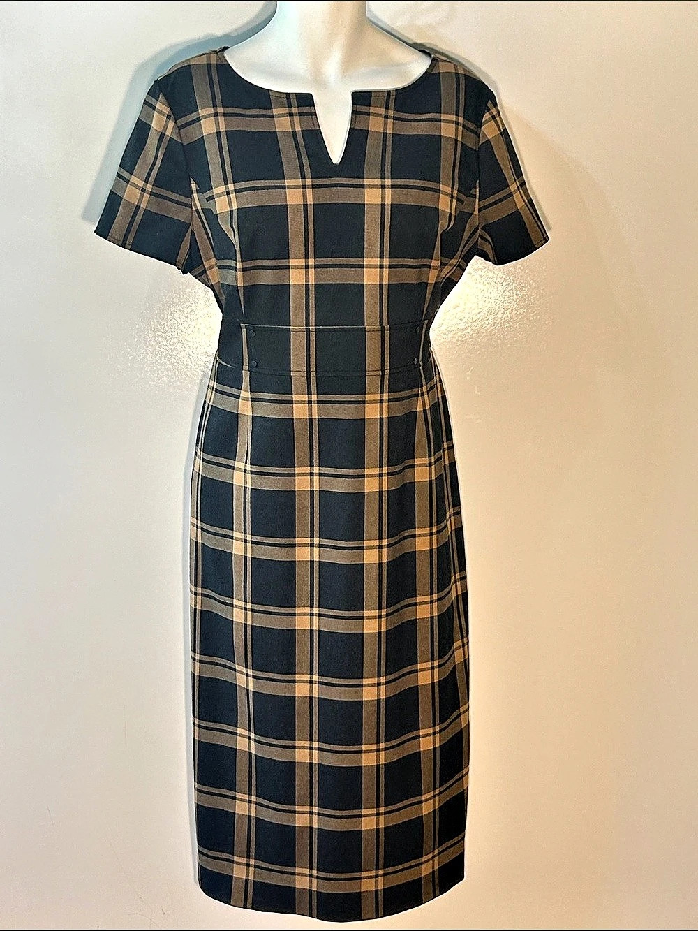 Preston & York Plaid Black & Camel Midi Dress Career Academia Timeless Retro